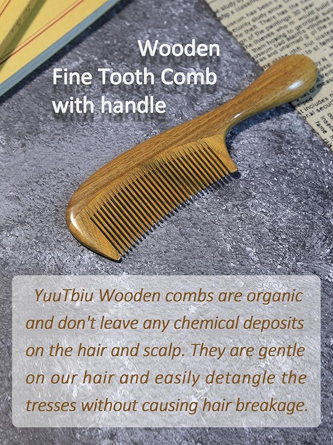 Yuutbiu Sharp Fine Tooth Green Sandalwood Comb with Handle - Wooden Thin Hair Detangler Brush for Smoothing & Precision Hair Styling (Anti-Static & Durable)