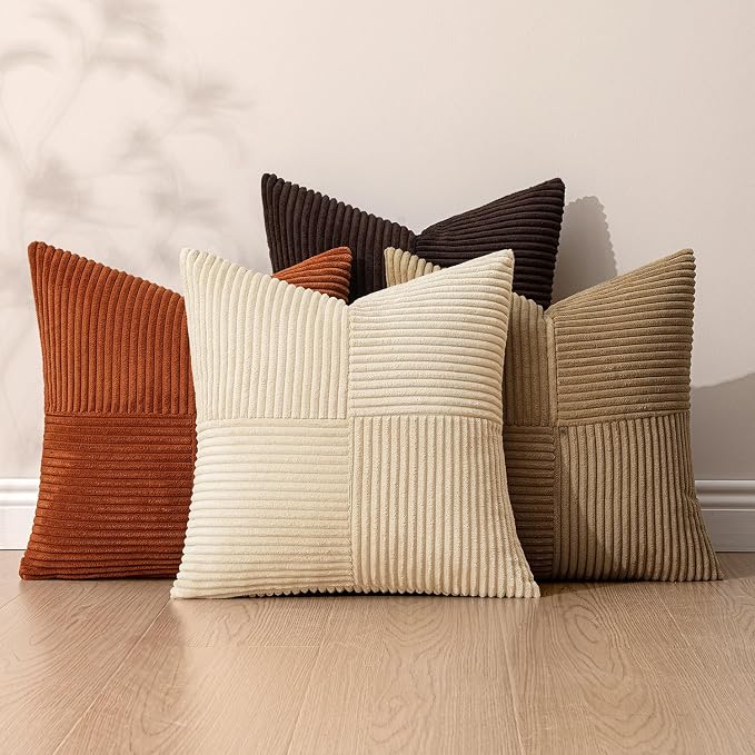MIULEE Brown Beige Throw Pillow Covers 18x18 Inch Set of 4 Boho Farmhouse Cushion Cases for Livingroom Couch Bed Soft Corduroy Pillow Cases with Invisible Zipper Home Decor