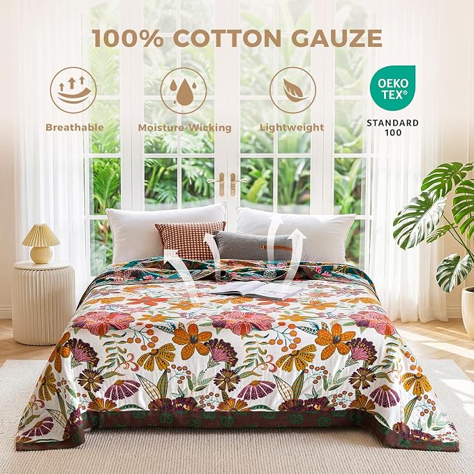LUTBM Boho Throw Blanket for Bed 60"x80", 100% Cotton Cozy Couch Blankets | Reversible Floral Leave Jacquard, All-Season Twin Quilt, For Chair Sofa Living Room Decor, Lightweight Breathable, Home Decor