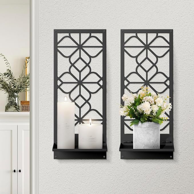 Black Wall Candle Holder Set of 2, Farmhouse Bathroom Metal Wall Decor | 3D Wall Candle Sconces, Rustic Vintage Wall Art for Bedroom, Living Room (16.5 x 7 in)