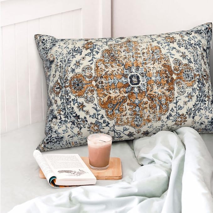 AEIOAE Rust Blue Pillow Covers 12x20 Inch Set of 2,Boho Throw Pillows Case,Carpet Pattern Ethnic Design Outdoor Decorative Square Linen Farmhouse Decor Cushion Covers for Home Sofa Bed Couch