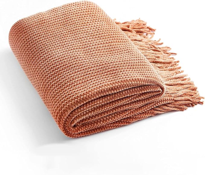Blagic Chenille Throw Blanket for Couch and Bed,50" x 60",Maple Brown | Soft Farmhouse Boho Throw Blanket with Tassels,Decorative for Living Room,,Stripe Textured Throws for Bed/Chair/Sofa