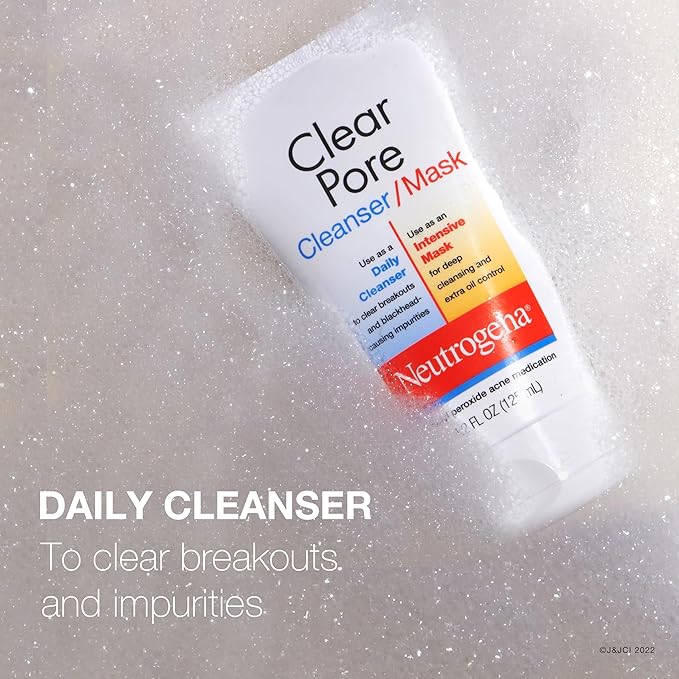 Neutrogena Clear Pore 2 in 1 Facial Cleanser/Face Mask with Kaolin & Bentonite Clay & 3.5% Benzoyl Peroxide Acne Treatment Medication, Daily Face Wash & Shine Control Clay Mask, 4.2 fl. oz, 3 Pack