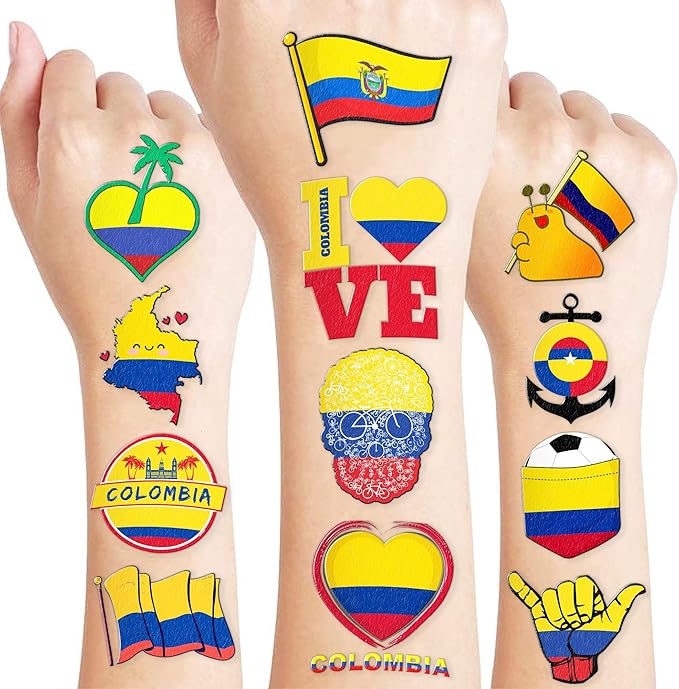 100PCs Colombia Temporary Tattoos Colombia Independence Birthday Party Decorations Favors Supplies Flag Themed Cute Stickers 10 Sheets Gifts for Baby Kids Girls Boys Class School Carnival Christmas