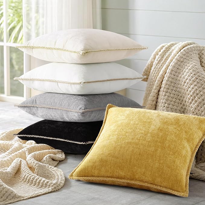 decorUhome Soft Chenille Throw Pillow Covers 20x20 Set of 2 Mineral Yellow | Fall Textured Decorative Throw Pillow Cases Stitched Edge Modern Farmhouse Luxury Boho Velvet for Couch Sofa Bed Home Decor