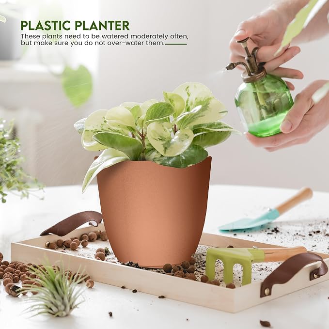 Plant Pots Indoor with Drainage, 5 Pack Multi-Size Planters Set, Terracotta | Drainage holes included Multiple sizes 7/6.6/6/5.3/4.8 In Indoor plants and flowers Durable plastic construction