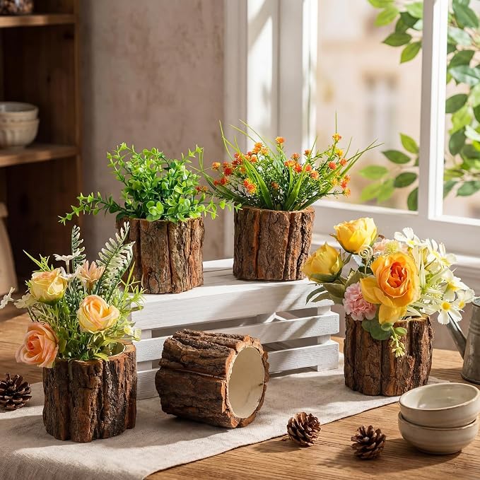 6 Pcs Wooden Vase for Centerpieces Wedding Flower Table Centerpieces Woodland Party Decor Rustic Farmhouse Bark Stump Buckets Vintage Planter Pots for Garden Baby Shower Window Home (Small)