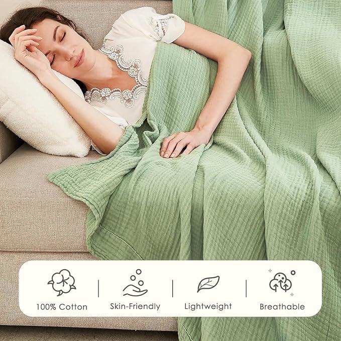 EMME Muslin Blankets for Adults Throw Blanket for Couch Breathable Gauze Soft Lightweight Airy Sage Green Throw XL 50" x 71"