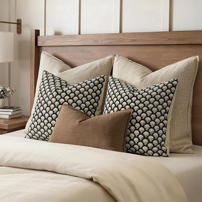 MIULEE Floral Print Decorative Euro Pillow Covers 22x22, Black Gold | Vintage Boho Farmhouse Modern Home Decor, Set of 2, Block Print Cushion Covers for Couch Sofa Bed Living Room