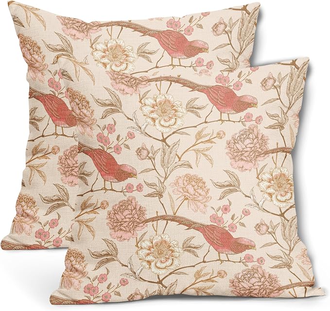 Pink White Roses Floral Pillow Covers 18X18 Inch Set of 2 Retro Flowers Birds Leaves Decorative Pillow Cases Art Vintage Cotton Linen Cushion Case Retro Home Decor for Sofa Couch Porch Outdoor