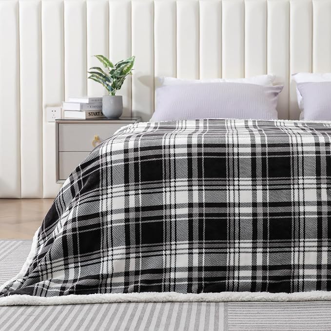 Sherpa Plaid Throw Blanket,Fleece Flannel Plush Twin Size Microfiber Blanket for Couch Bed Sofa,Fuzzy Fluffy Cozy Soft Blanket(60" X 70", Plaid Black)