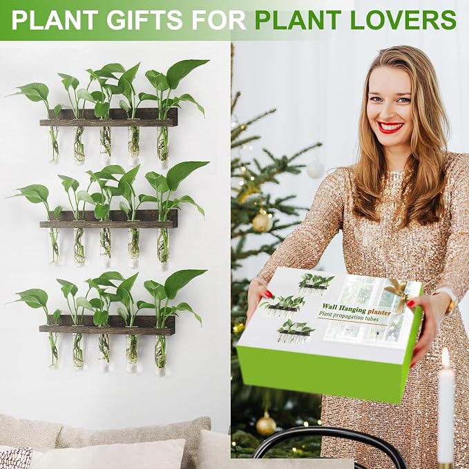 Wall Hanging Plant Propagation Station 15 Glass Test Tubes - Brown | 3 Tiered Vase Planter for Hydroponic Home Garden Office Decor, Gardening Gifts for Women Plant Lover