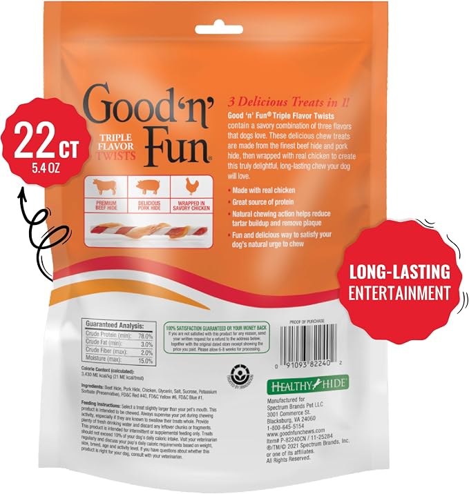 Good 'n' Fun Twists Long-Lasting Dog Treat, Real Protein, 22 Count (7 Pack) | Premium Chicken, Pork and Beef Hide Chew, Supports Dental Health and Mental Stimulation, For Adult Dogs