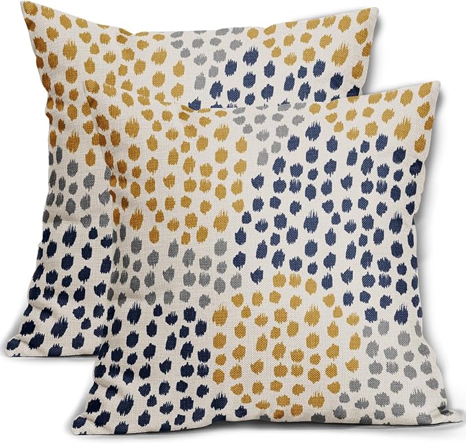 Blue Yellow Pillow Covers 16x16 Set of 2 Boho Design Gray Polka Dot Throw Pillows Modern Art Trendy Print Decorative Outdoor Pillowcase Square Cushion Cover Linen Pillow Case for Home Sofa Couch Bed