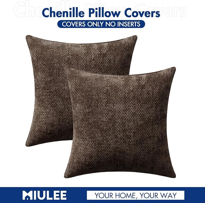 MIULEE Decorative Dark Brown Euro Sham Pillow Covers 24x24 Inch 2 Pack | Modern Boho Accent, Soft Chenille Pillow Covers, Farmhouse Cushion Cases for Home Decor Bed Sofa Living Room