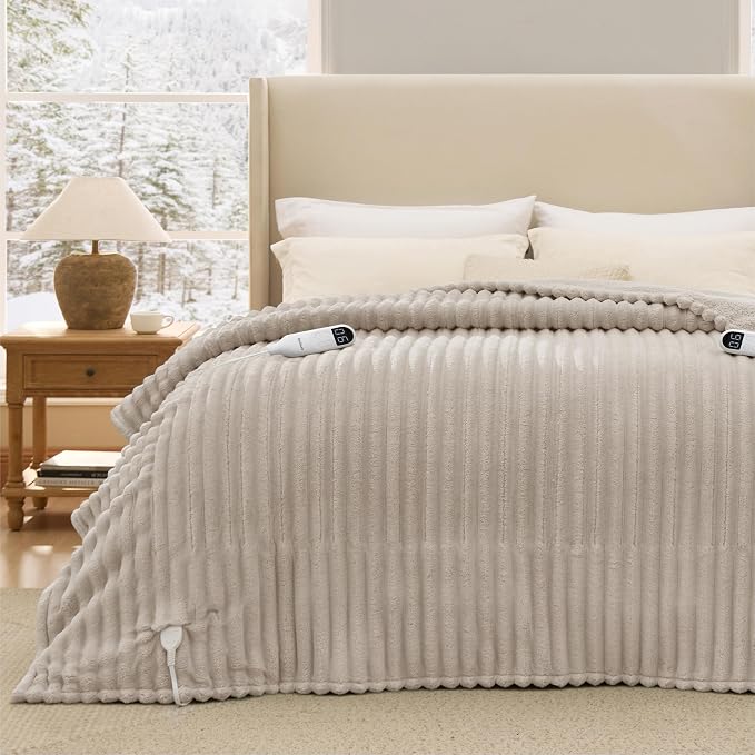 Bedsure Electric Blanket Queen Size - Thick Striped Flannel Electric Blanket with Dual Control, Heating with 6 Heat Settings & 6 Time Settings, 8 hrs Timer Auto Shut Off (84x90 inches, Linen)
