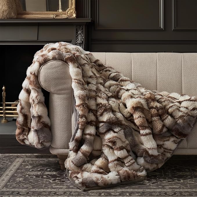 Faux Rabbit Fur Bubble Throw Blanket, 50"x60", Beige & Gray | Ultra Soft, Luxury Faux Rabbit Fur Throw, Thick Warm Bubble Blanket, Cozy Fluffy Reversible, for Bed, Couch, Chair, Sofa