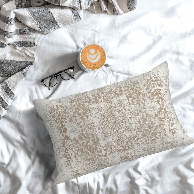 AEIOAE Boho Pillow Covers 12x20 Inch Set of 2,Carpet Pattern Throw Pillows Case,Brown Beige White Ethnic Design Outdoor Decorative Square Linen Farmhouse Decor Cushion Covers for Home Sofa Bed Couch
