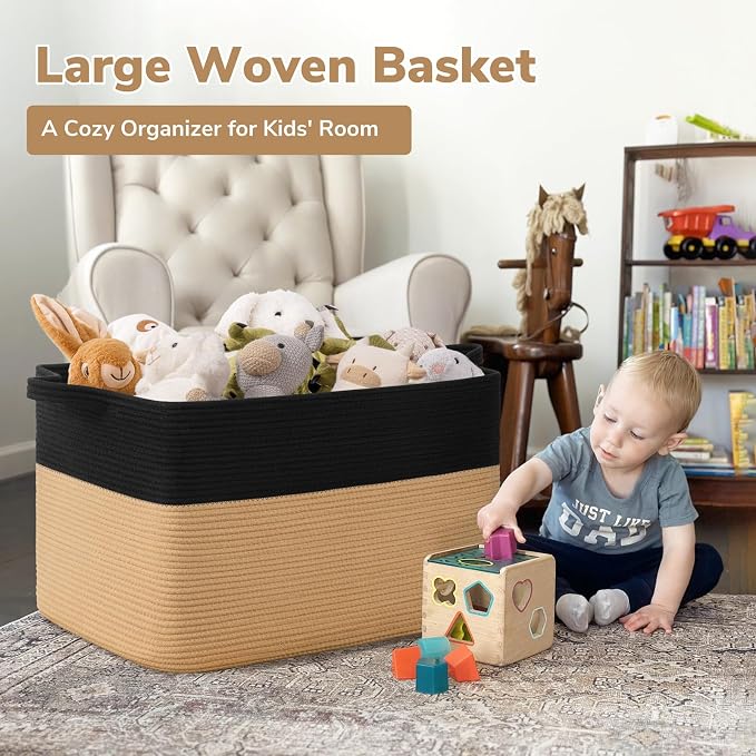 Goodpick 85L Large Woven Rope Blanket Basket, Rectangle, Black & Camel | 23.6'' x 15.7'' x 13.8'' Wicker Storage Basket for Blankets, Pillows & Toys, Home Organization & Decor, Reinforced Handles