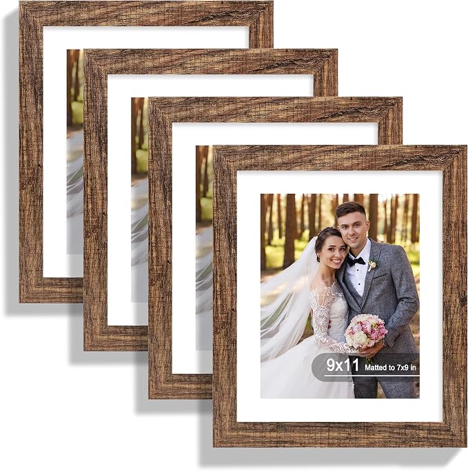 Hongkee 9x11 Picture Frame Set of 4, Made of Real Glass and Rustic Brown Frame - Display Picture 7x9 with Mat or 9x11 Without Mat, 9 by 11 Photo for Wall or Tabletop
