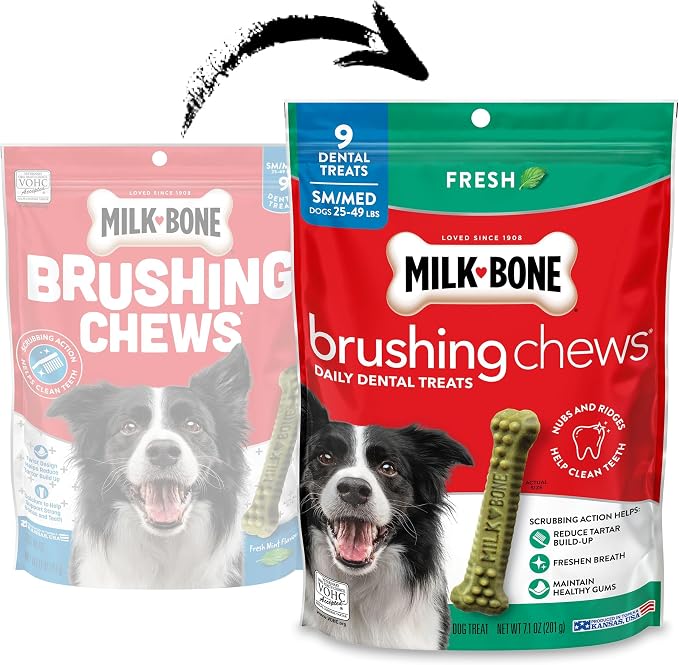 Milk-Bone Brushing Chews, Small/Medium, Fresh Flavor, 45 Dental Treats | 5 (9-count) bags, Daily dental dog treats, For dogs 25-49 lbs., Fresh mint flavor