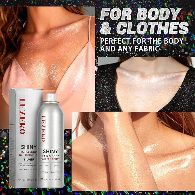 Hair and Body Glitter Spray for Women Kids, 6.34OZ Large Capacity Original Temporary Shimmery Glitter Spray for Festival Rave Outfits Accessories, Singer Concert, Wedding Season, Rainbow Silver