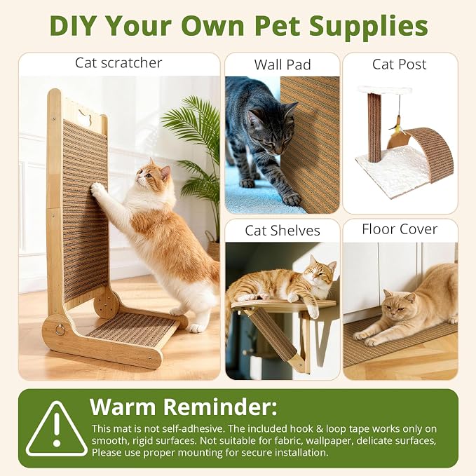 Natural Cork Cat Scratcher Mat with No Pre-Applied Adhesive, Bonus 118inch Hook-Loop Tape. Cat Scratching Toy DIY, Replacement for Cat Tree, Post, Ramp and Wall Shelves (Oak Wood, 39.4 x 11.8 Inch)