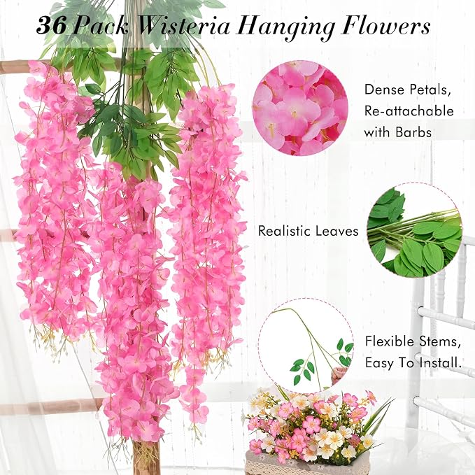 36 Pack Wisteria Hanging Flowers, 3.6 Feet/Pcs Pink Wisteria Artificial Flowers, Fake Flowers Garland, Hanging Vines for Bedroom Wedding Home Party Wall Decoration