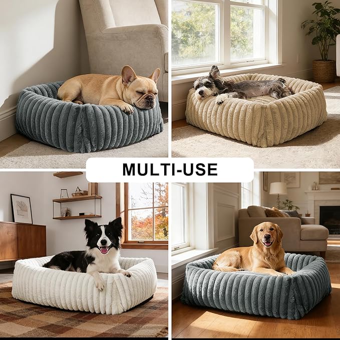 FURTIME Dog Bed for Small Medium Dog, Washable Orthopedic Pet Bed with Removable Cover, Rectangle Soft Calming Sleeping Puppy Bed Durable Pet Cuddler with Anti-Slip Bottom, Cream, M (25"x21"x7")