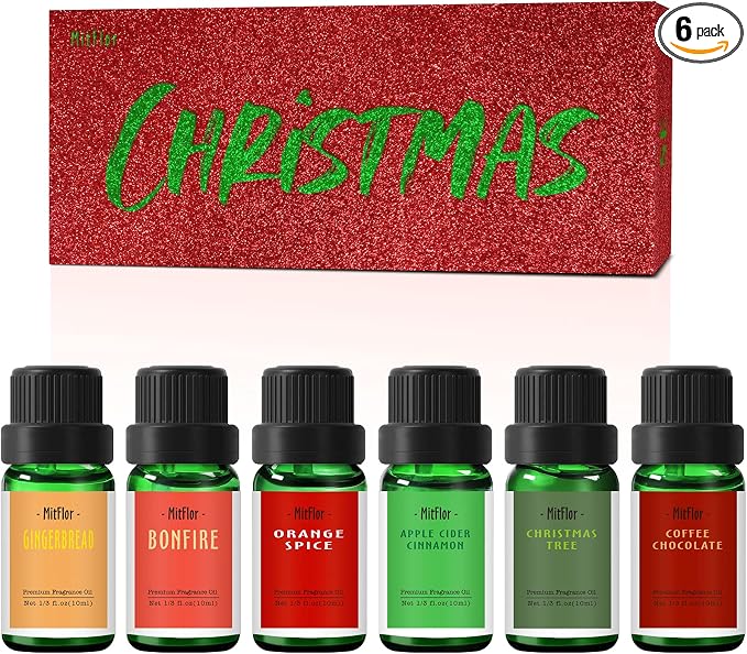 Christmas Fragrance Oils Set, MitFlor Upgraded Holiday Essential Oils for Diffusers for Home, Fragrance Oil for Candle Soap Making, Christmas Tree, Apple Cider Cinnamon, Bonfire and More, 6x10 ml