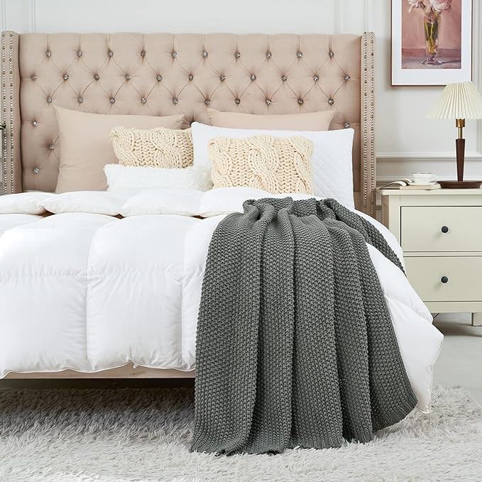 Chunky Cable Knit Throw Blanket Lightweight Grey 100% Organic Cotton Blanket for Sofa Couch Bed Baby Nursery, Rustic Shabby Chic Modern Farmhouse, Gray 60” x 80” Give Laundering Bag