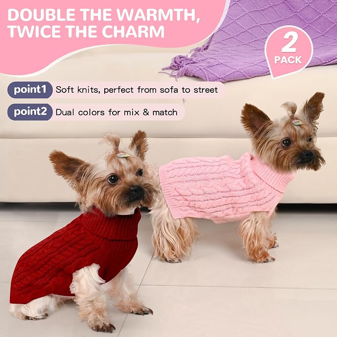 Dog Sweater 2 Pack for Small Dogs, Size S, Pink & Red | Stretchy cable knit turtleneck, machine washable, high belly cut, comfy winter fit for Chihuahua, Maltese