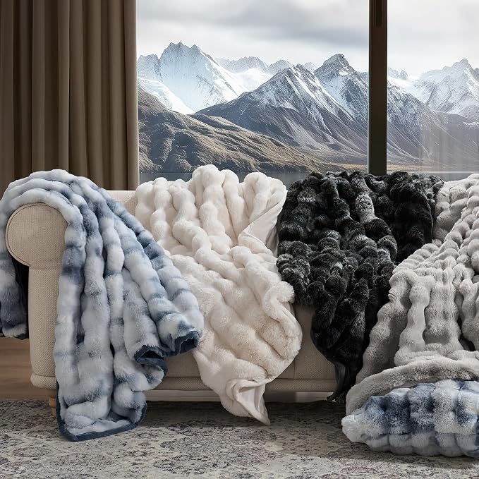 Faux Rabbit Fur Bubble Throw Blanket, 50"x60", Cloud Blue | Ultra Soft, Luxury Faux Rabbit Fur Throw, Thick Warm Bubble Blanket, Cozy Fluffy Reversible, for Bed, Couch, Chair, Sofa