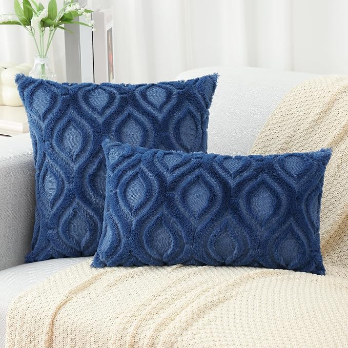 decorUhome Faux Fur Plush Soft Dark Blue Throw Pillow Covers 16x16 Set of 2 | Wool Solid Fall Couch Pillow Covers, Accent Modern Farmhouse Neutral Decorative Square Pillow Cases for Sofa Bed Living Room