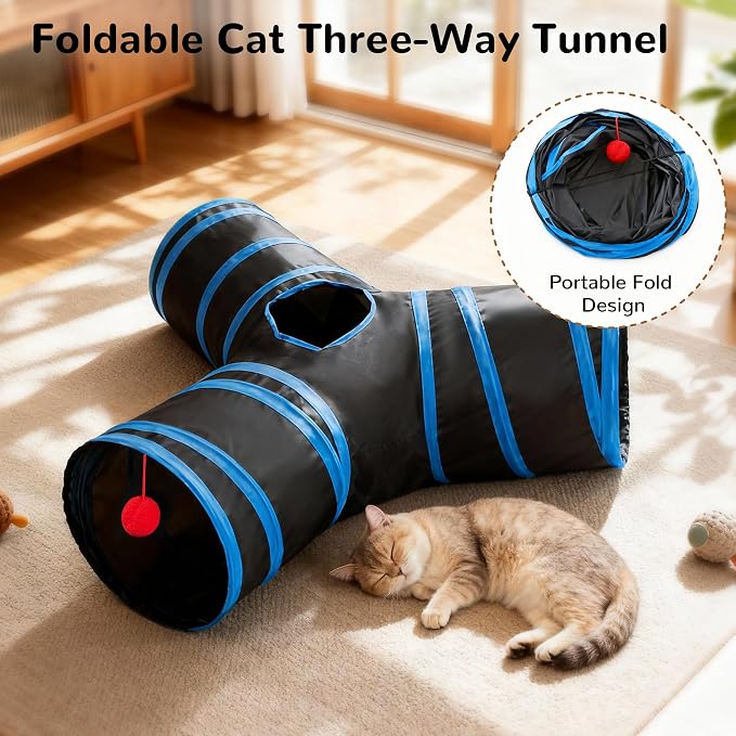 Tempcore Cat Tunnel, 3-Way Collapsible Toy for Indoor Cats, Royal Blue
