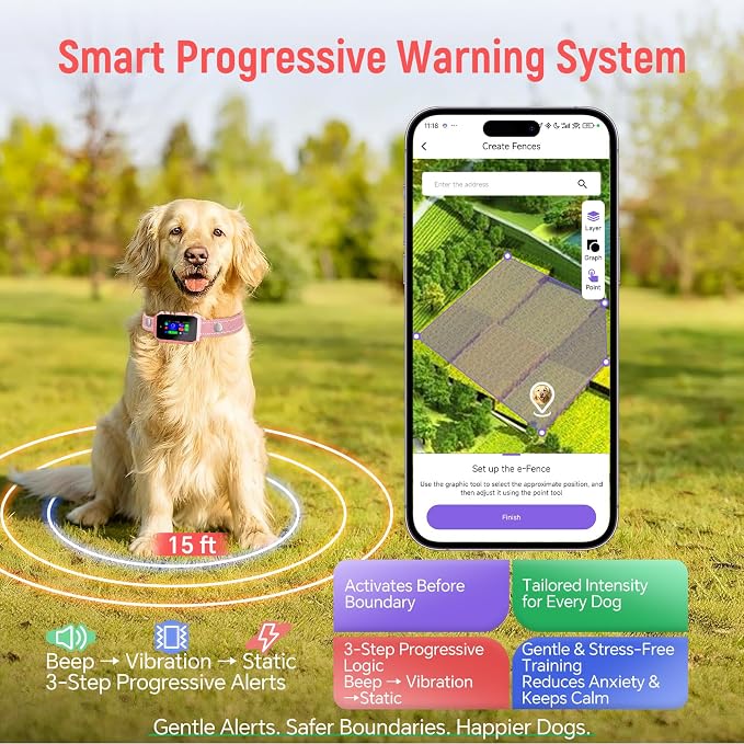 GPS Wireless Dog Fence & Remote Training Collar, Free APP Control, No Subscription Fee, Adjustable GPS Boundary, Pink, Dogs 10-120 lbs