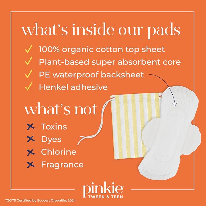 Pinkie Period Starter Pads - Designed for Smaller Underwear - Organic Cotton Topsheet Tween & Teen Pads with Wings - Chlorine Free & Fragrance Free - Teen Mini, 18 Count