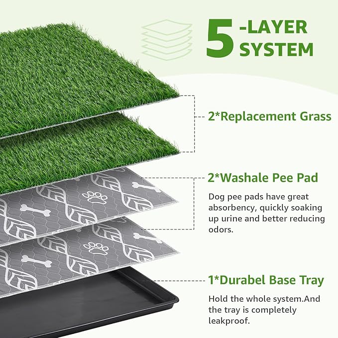 LOOBANI Large Dog Grass Pad with Tray - 45x29in for Balcony Apartment | Dog Potty with 2 Artificial Grass & 2 Washable Pee Pads for Replacement, Quick-Absorbency, Easy to Clean, Indoor/Outdoor Use