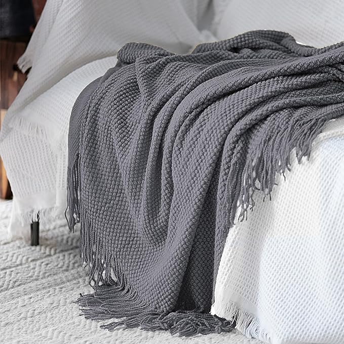 LOMAO Knitted Throw Blanket with Tassels Bubble Textured Soft Lightweight Throws for Couch Cover Home Decor (Dark Grey, 50x60)