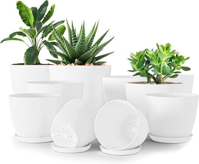 Plant Pots Indoor with Drainage, 10 Pack Multi-Size Planters Set, White | Drainage holes included Multiple sizes 7/6.6/6/5.3/4.8 In Indoor plants and flowers Durable plastic construction