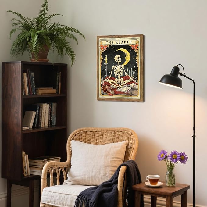 Framed The Reader Tarot Canvas Wall Art, Skeleton Reader Tarot Card Pictures Wall Decor, Bookish Witchy Library Poster Print Artwork for Witchy Reading Nook Book Lover Gift 16x24 inch