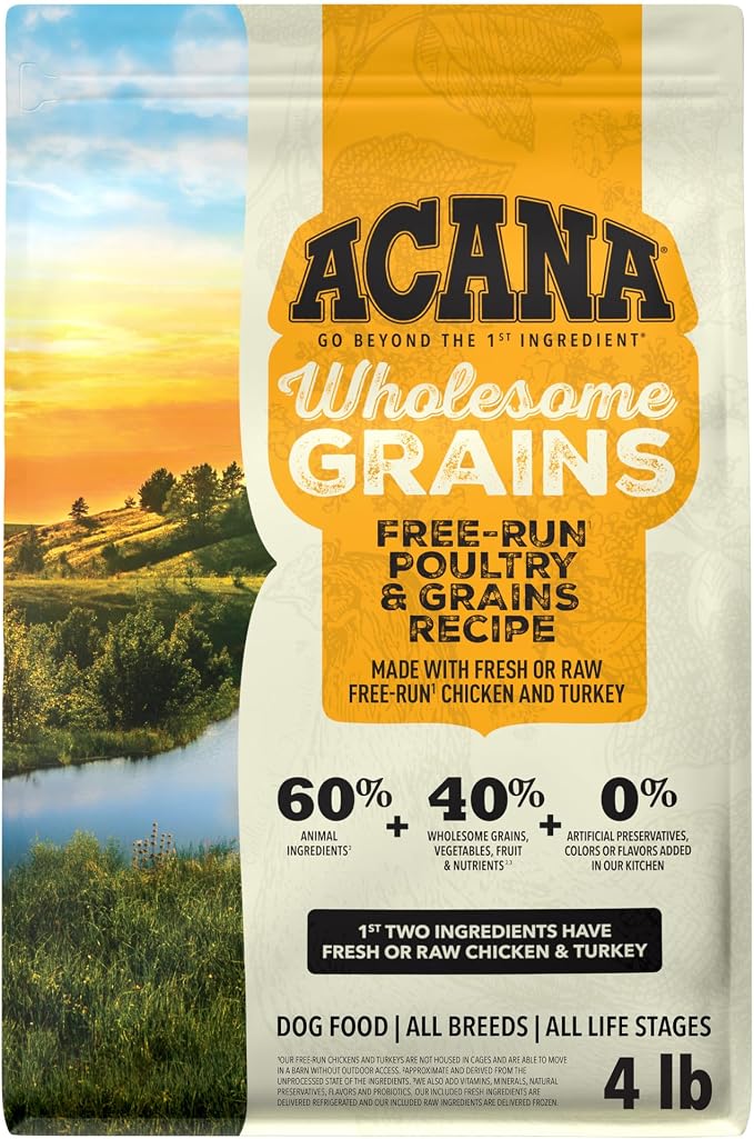 ACANA Wholesome Grains Dry Dog Food Poultry & Grains Recipe 4lb Bag | High Protein, Made in the USA, Includes Probiotics, Free-Run Poultry, Global Quality Ingredients