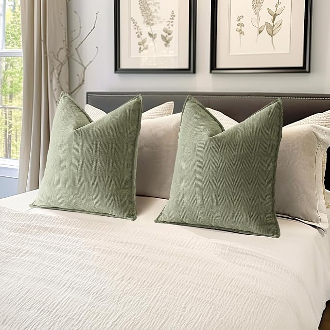MIULEE Pack of 2 Sage Green Decorative Chenille Pillow Covers 18x18 Inch | Soft Couch Throw Pillows,Farmhouse Cushion Covers with Elegant Design for Sofa,Bedroom,Living Room,Spring Home Decor