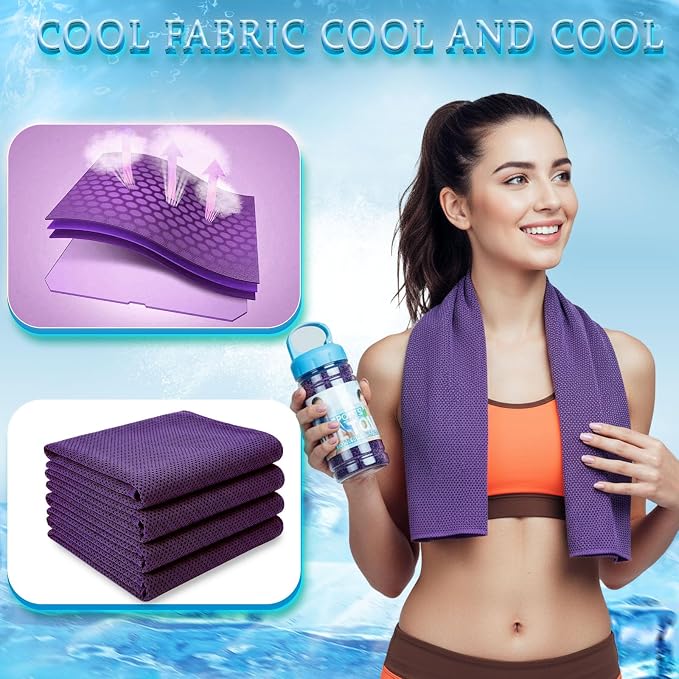 Honoson 20 Pcs Cooling Towels for Neck and Face, 47"x12" Sports Breathable Ice Towels Microfiber Chilly Sweat Rags with Portable Bottle for Gym Golf Athletes Yoga Workout Hot Weather (Purple)