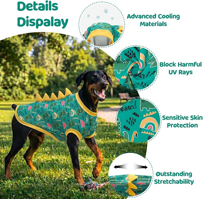 UPF 50+ Sun Protection Dog Shirt - Sleeveless Cooling Vest for Large Dogs Boy, Quick-Dry Pet T-Shirt with Funny Dinosaur Horns, UV Protective Breathable Dog Clothes U-COSBX12XL