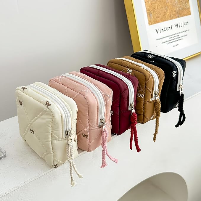 Small Makeup Bag | Discreet Period Bag Pad Pouch for Purse| Sanitary Napkin Storage & Tampon Holder for Travel (Quilted bow beige)