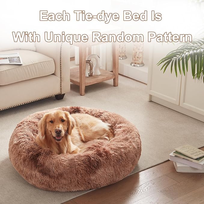 36 in Faux Fur Fluffy Donut Dog Bed for Large Dogs,Tie-dye Brown | Calming Plush Round Pet Bed with Removable & Washable Cover,Fits up to 80 lbs Pets