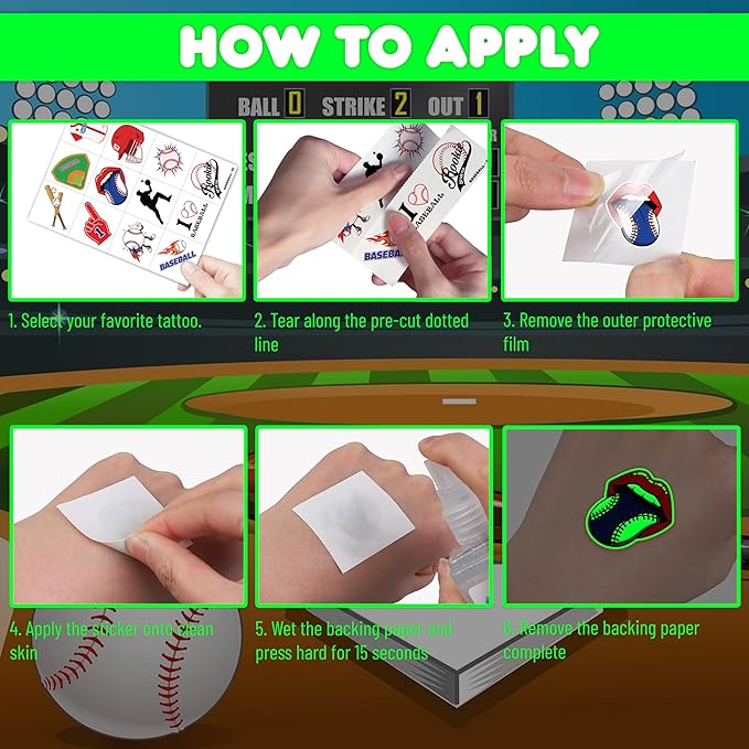 96 PCS Baseball Sports Pre-Cut Luminous Glow in the dark Temporary Tattoos for Kids | Super Cute Baseball Themed Birthday Party Favors, Supplies, Decorations, Fake Tattoo Stickers Gifts for Boys Girls