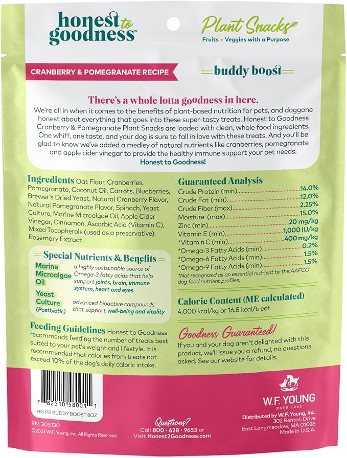 Honest to Goodness Plant Snacks Cranberry & Pomegranate Dog Treats, 8 oz | Crunchy, Plant-Based, Buddy Boost Immune Support, Enriched with Omega 3 Fatty Acids, Fortified with Postbiotics, USA Made
