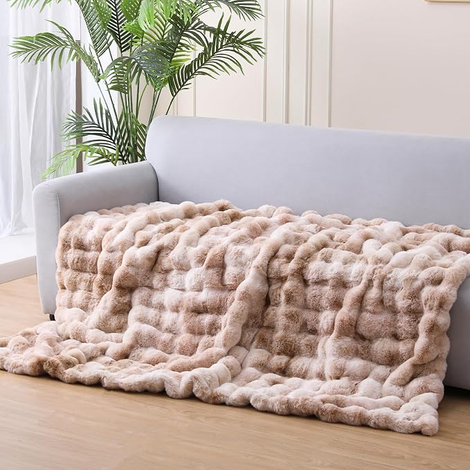 Super Comfort Oversized Warm Thick Bubble Luxury Plush Rabbit Faux Fur Throw Blanket, Fluffy Blanket,Soft Cozy Blanket for Couch Chair Bed Sofa Living Room (Tie-Dye Khaki, 50inX60in)